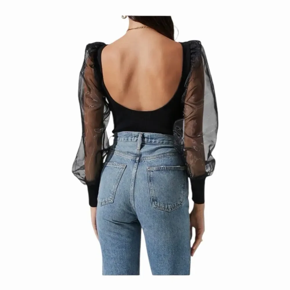 ASTR The Label Black Semi-Sheer Organza Sleeve Bodysuit NWT Size Large